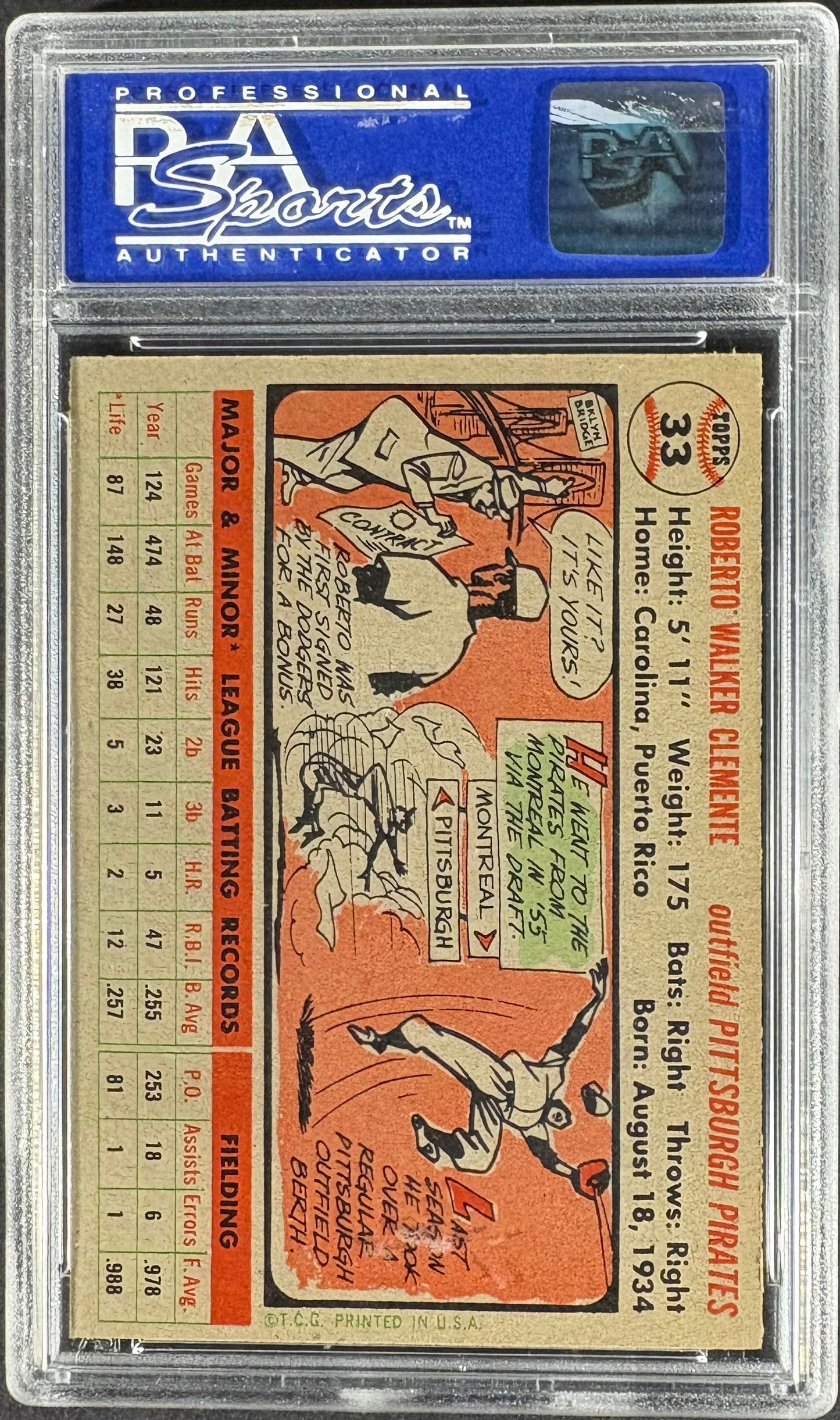 1956 Topps #33b Roberto Clemente Gray Back PSA 6 EX-MT