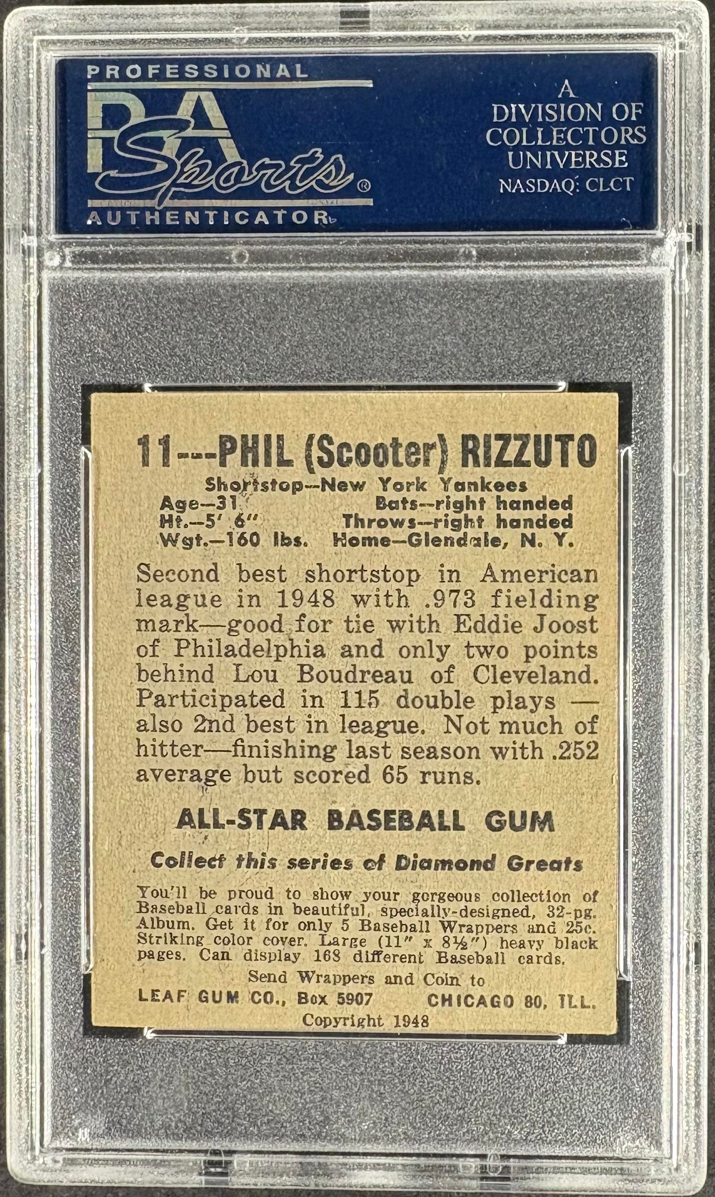 1948-49 Leaf #11 Phil Rizzuto PSA 6 oc SHARP