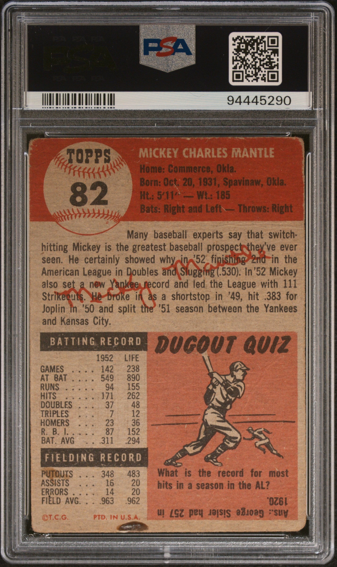 1953 Topps #82 Mickey Mantle PSA 1 Nice Eye Appeal New Label