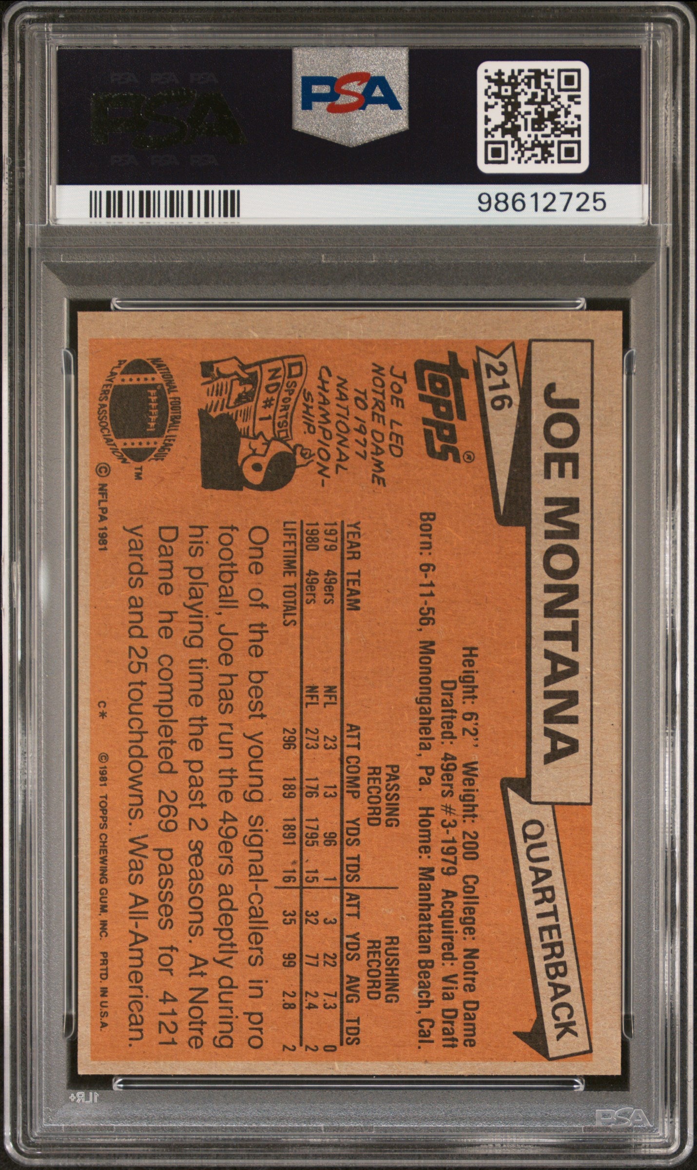 1981 Topps #216 Joe Montana RC Rookie PSA 9 MINT CENTERED New Label