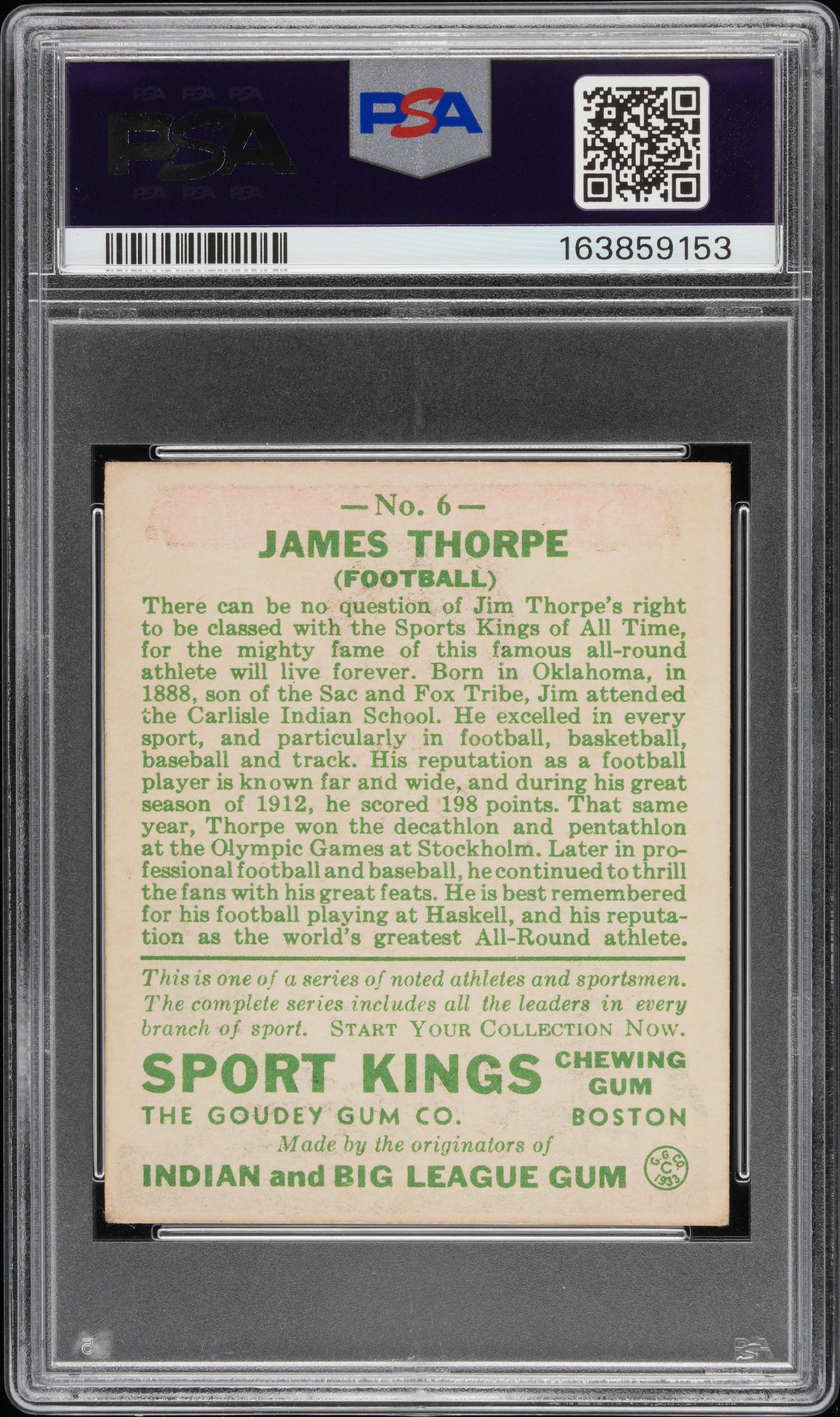 1933 Sport Kings #6 Jim Thorpe Football PSA 4 VG-EX STUNNING New Label