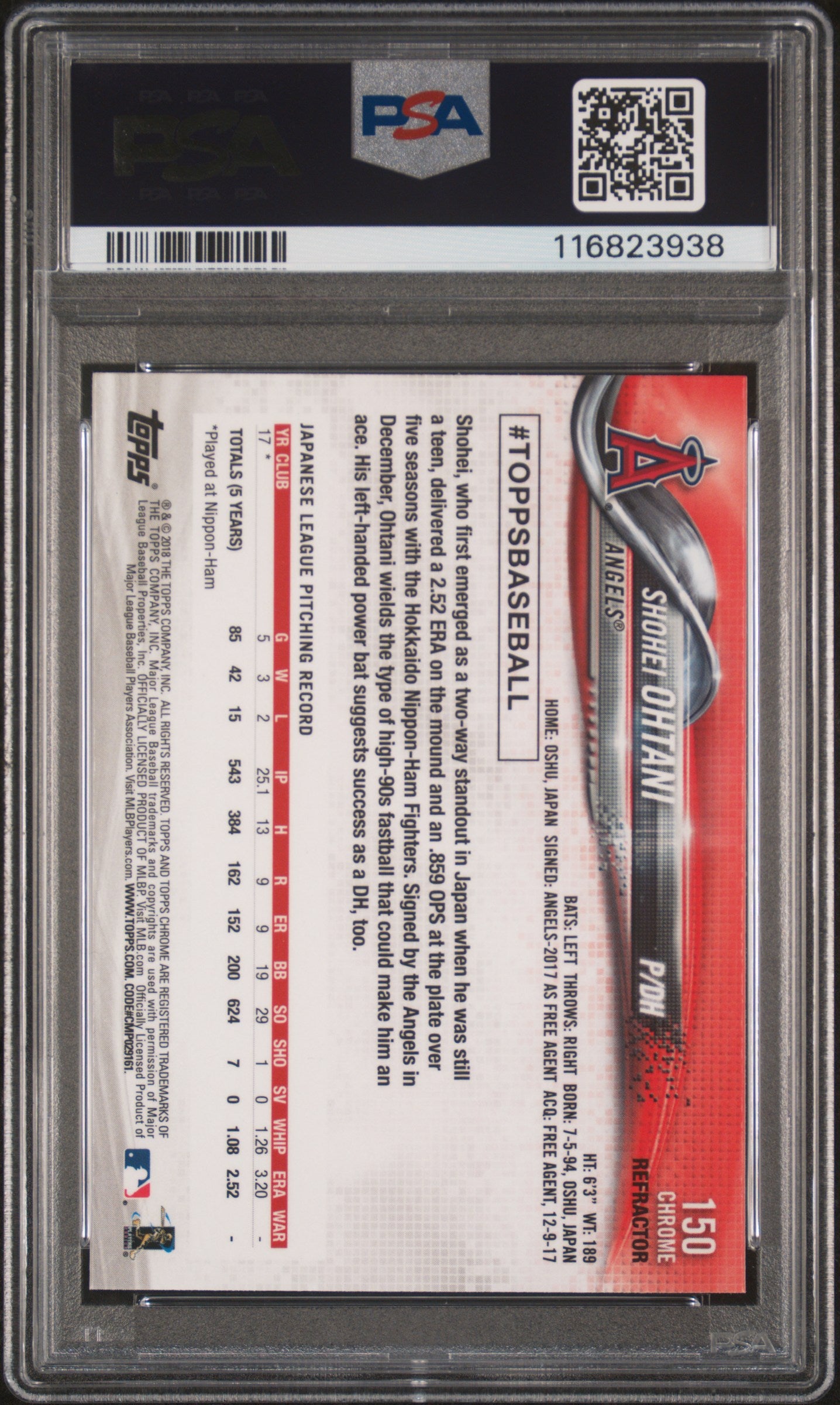 2018 Topps Chrome #150 Shohei Ohtani RC Rookie X-Fractor PSA 10 GEM MINT