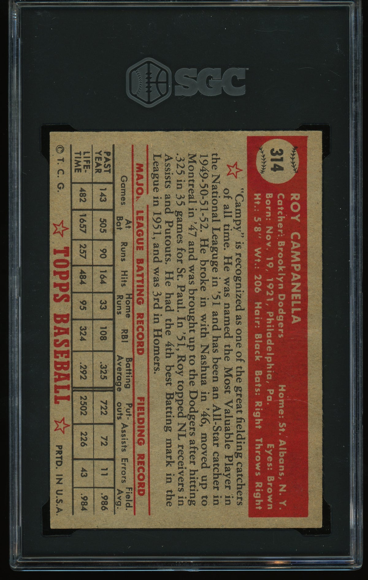 1952 Topps #314 Roy Campanella SGC 4 VG-EX SHARP