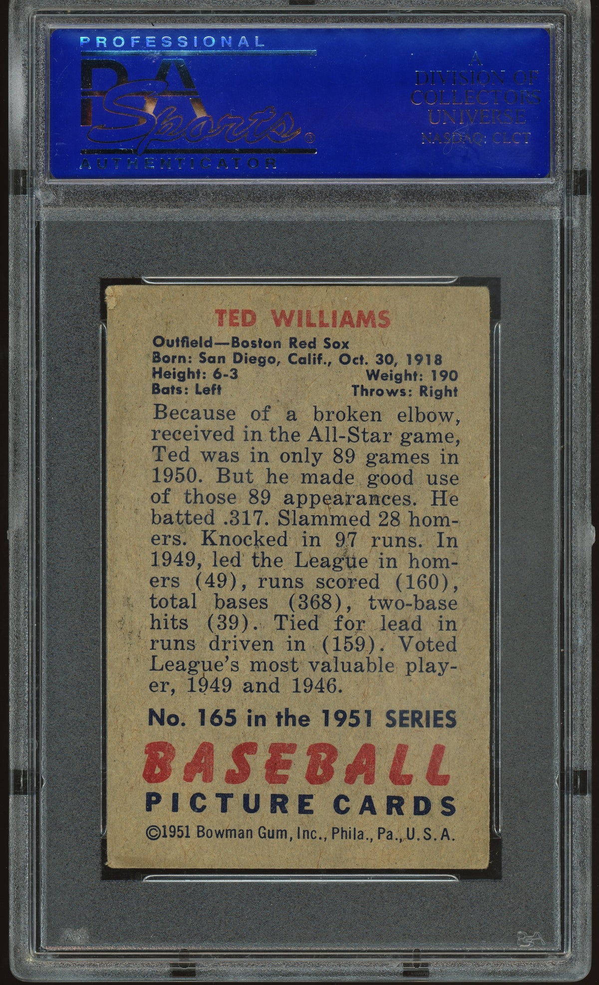 1951 Bowman #165 Ted Williams PSA 4 VG-EX