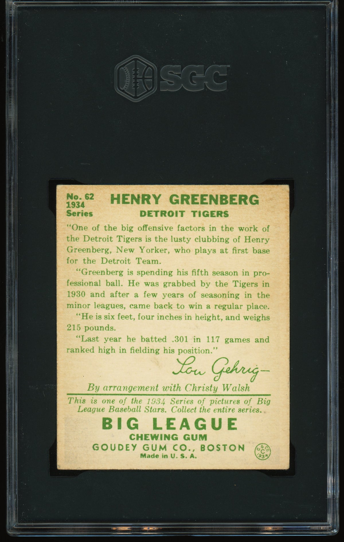 1934 Goudey #62 Henry Hank Greenberg RC Rookie SGC 4.5 VG-EX+