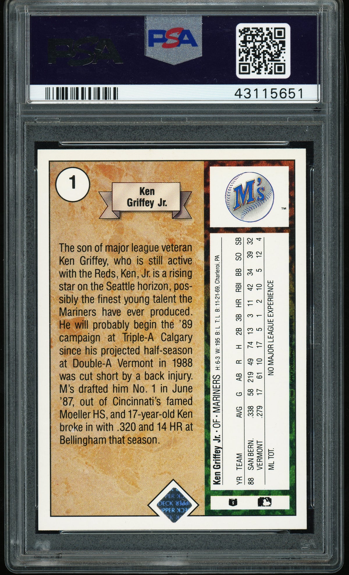 1989 Upper Deck #1 Ken Griffey Jr RC Rookie PSA 9 MINT New Label