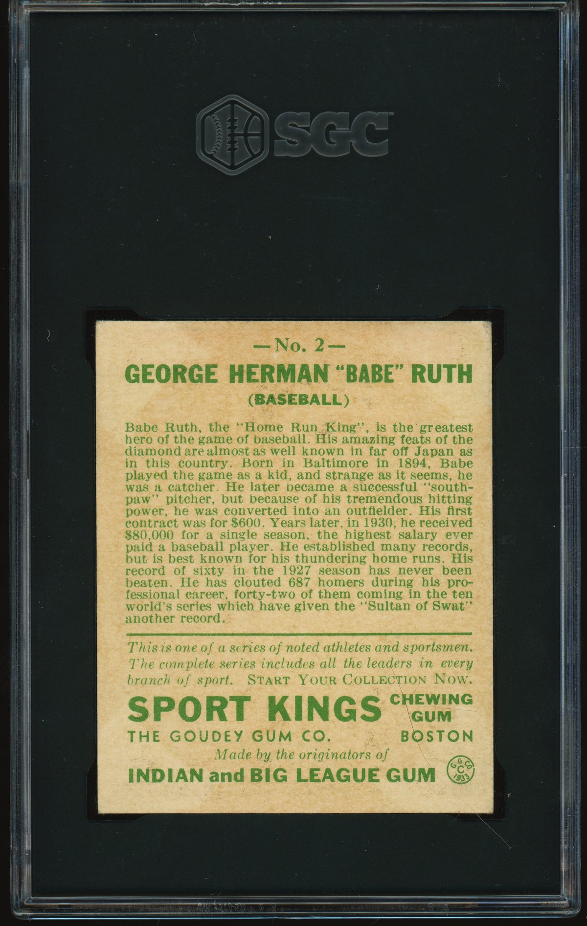 1933 Goudey Sport Kings Gum #2 Babe Ruth SGC 5 EX