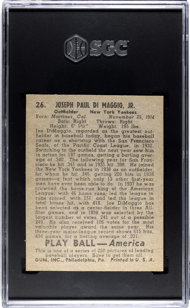1939 Playball #26 Joe DiMaggio SGC Authentic CREASE FREE STUNNING