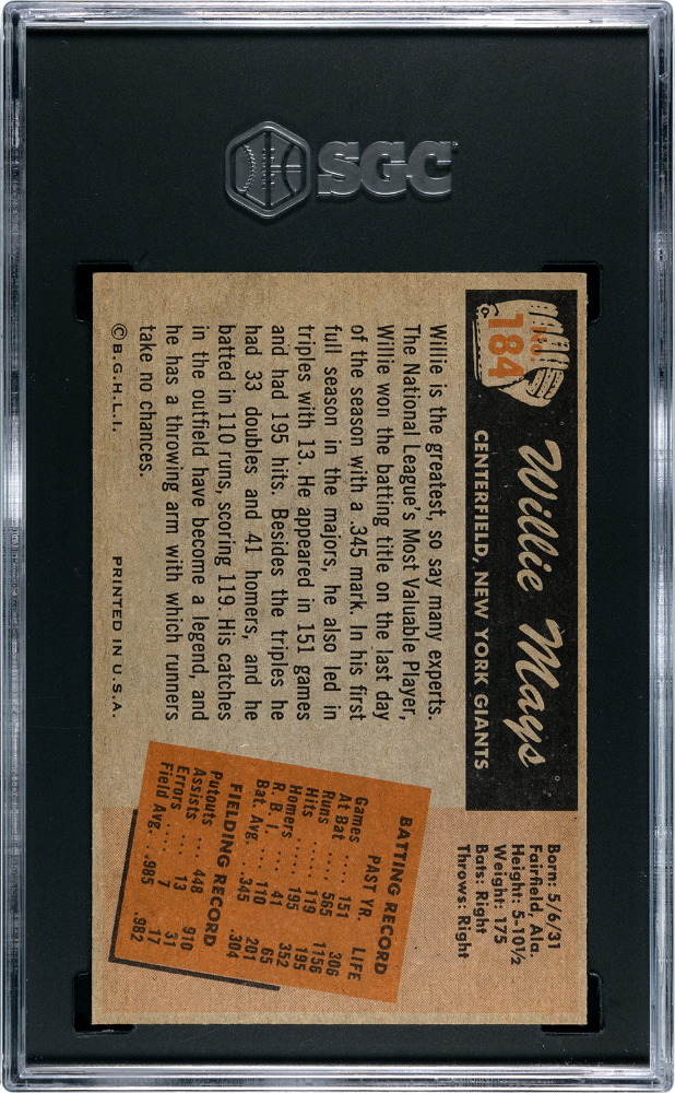 1955 Bowman #184 Willie Mays SGC 6.5 EX-NM+ Well Centered