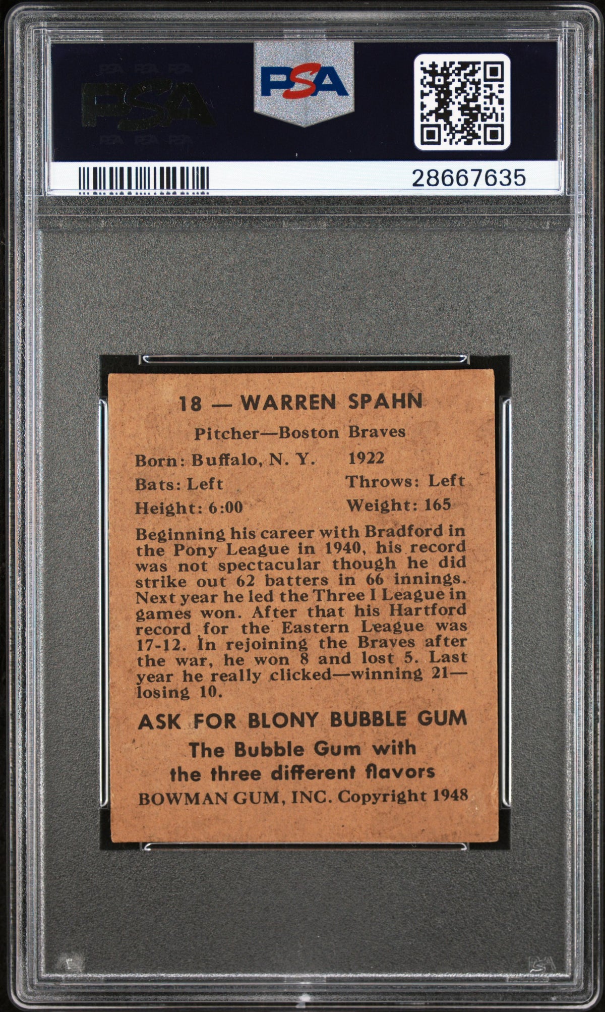 1948 Bowman #18 Warren Spahn RC Rookie PSA 9 AUTO Autograph
