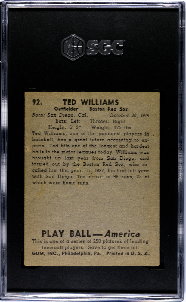 1939 Play Ball #92 Ted Williams RC Rookie SGC 5 EX