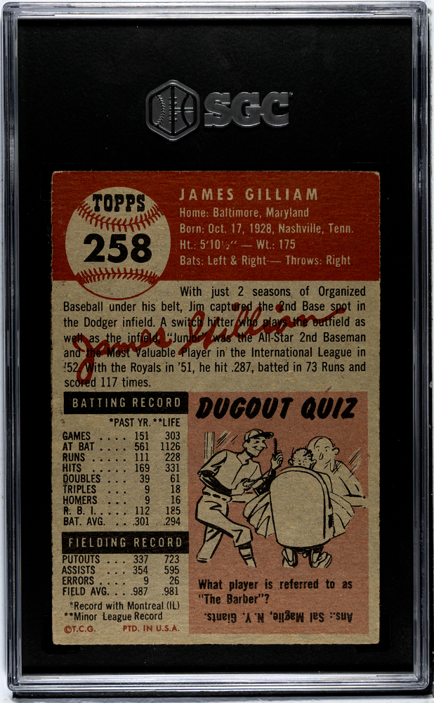 1953 Topps #258 Junior Jim Gilliam RC Rookie SGC 4.5 VG-EX+