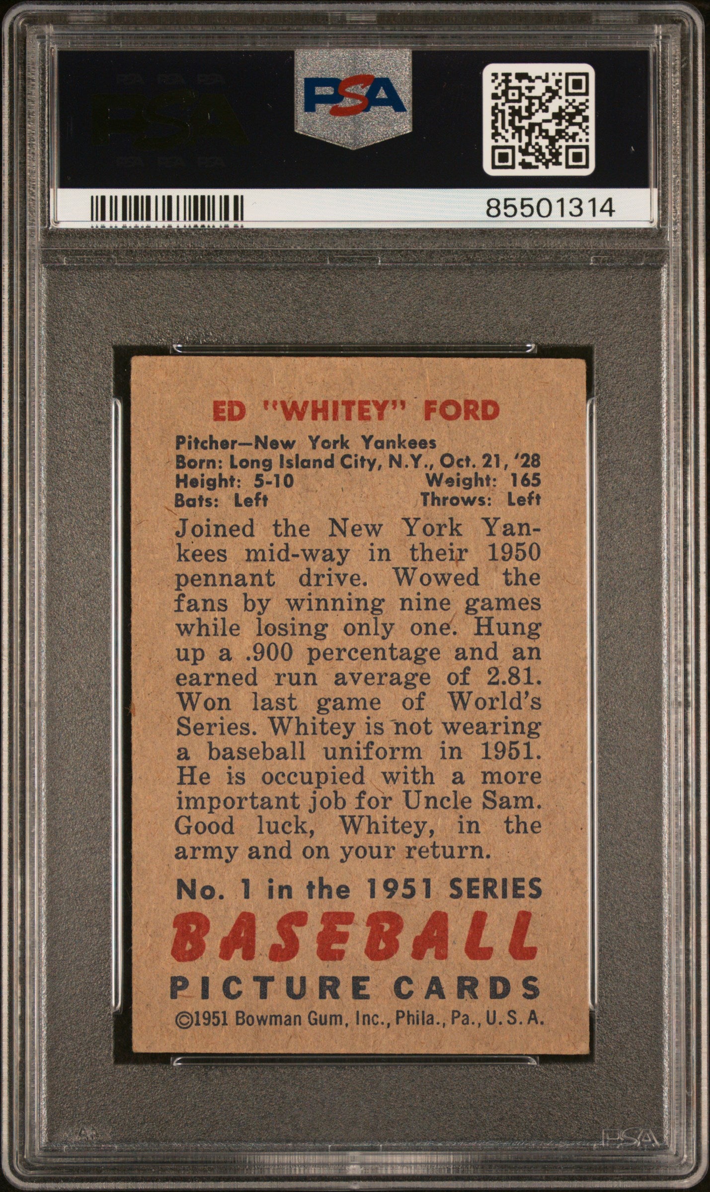 1951 Bowman #1 Whitey Ford RC Rookie PSA 4 VG-EX CENTERED PWXX-E TOP 15%