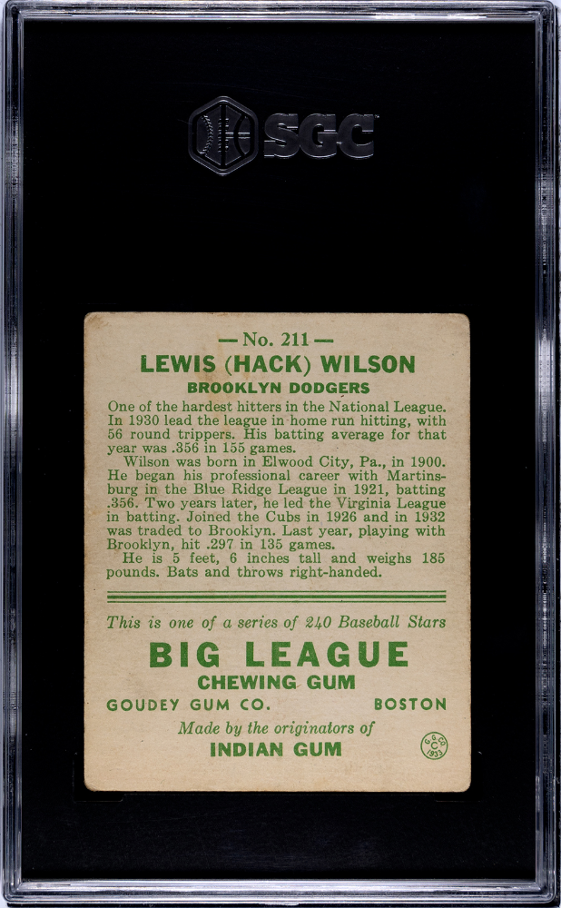 1933 Goudey #211 Hack Wilson SGC 4 VG-EX Well Centered