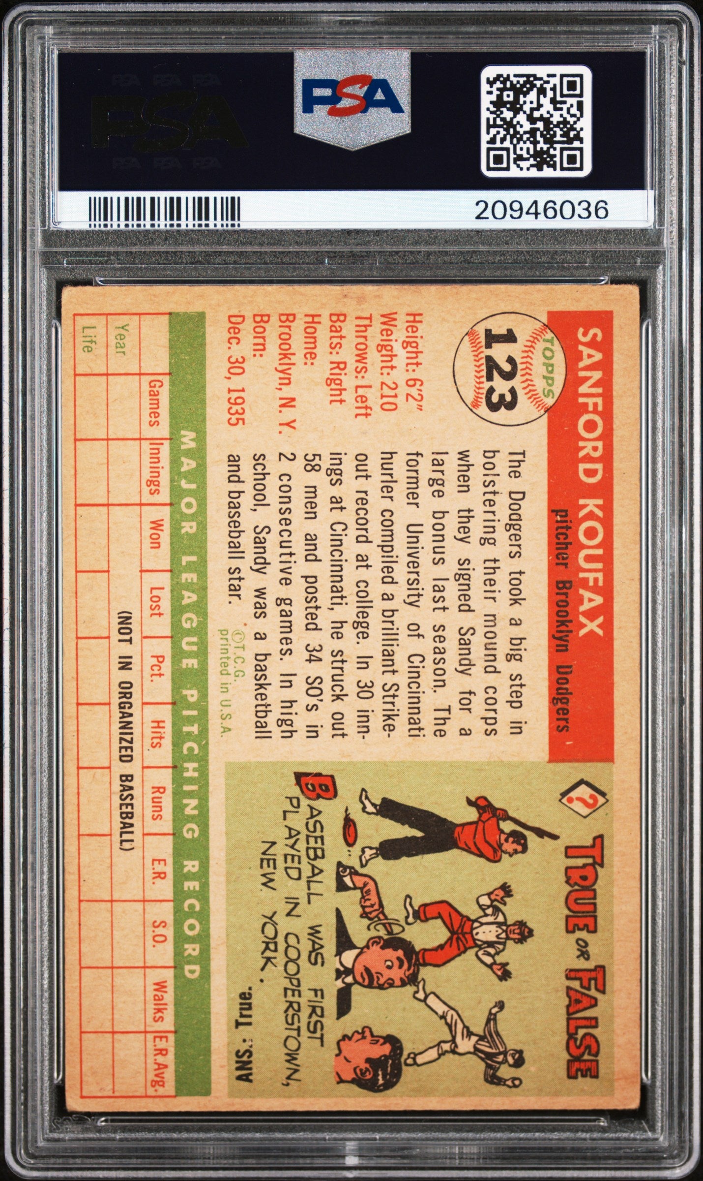 1955 Topps #123 Sandy Koufax RC Rookie PSA 5 EX Well Centered New Label