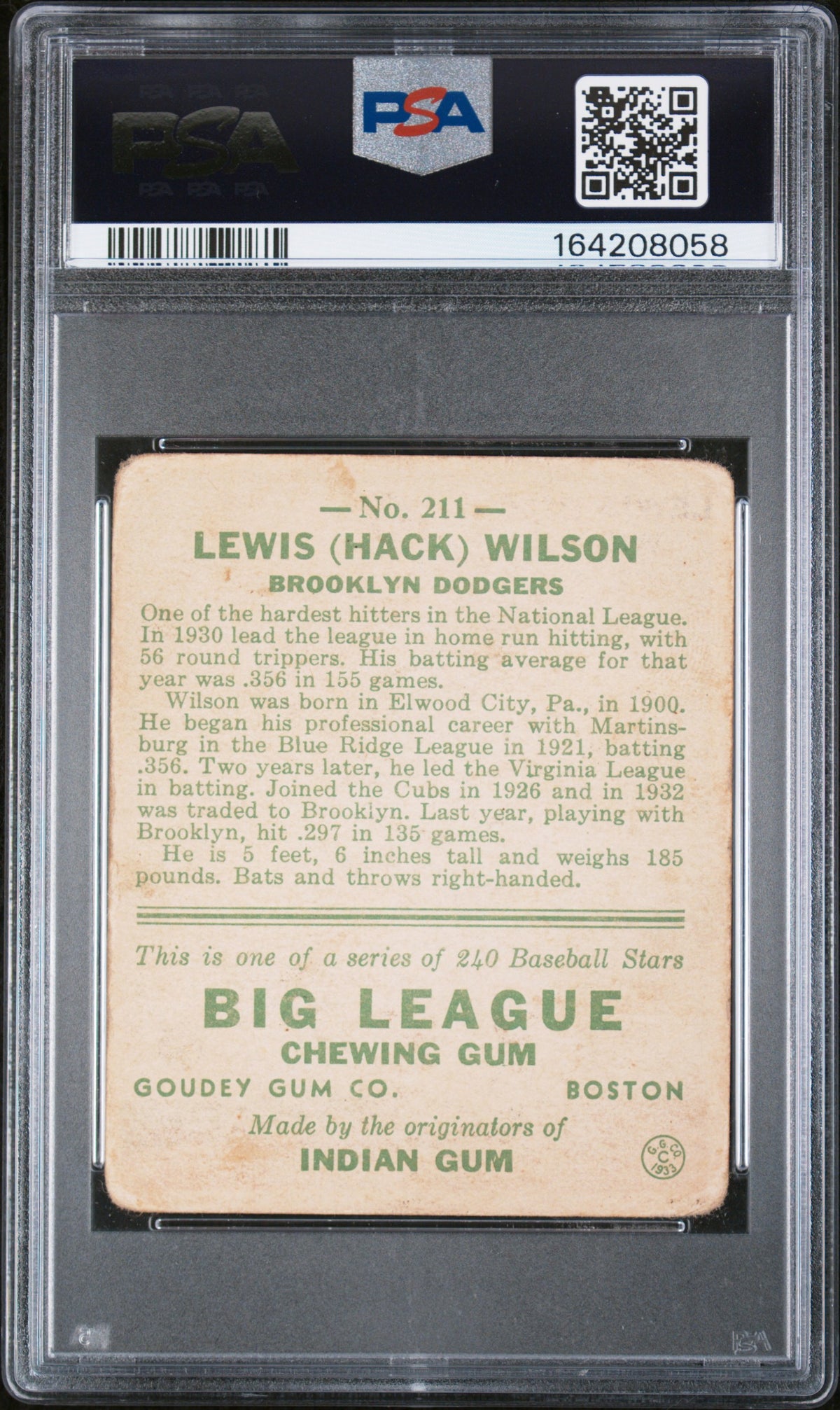 1933 Goudey #211 Hack Wilson PSA 1.5 New Label