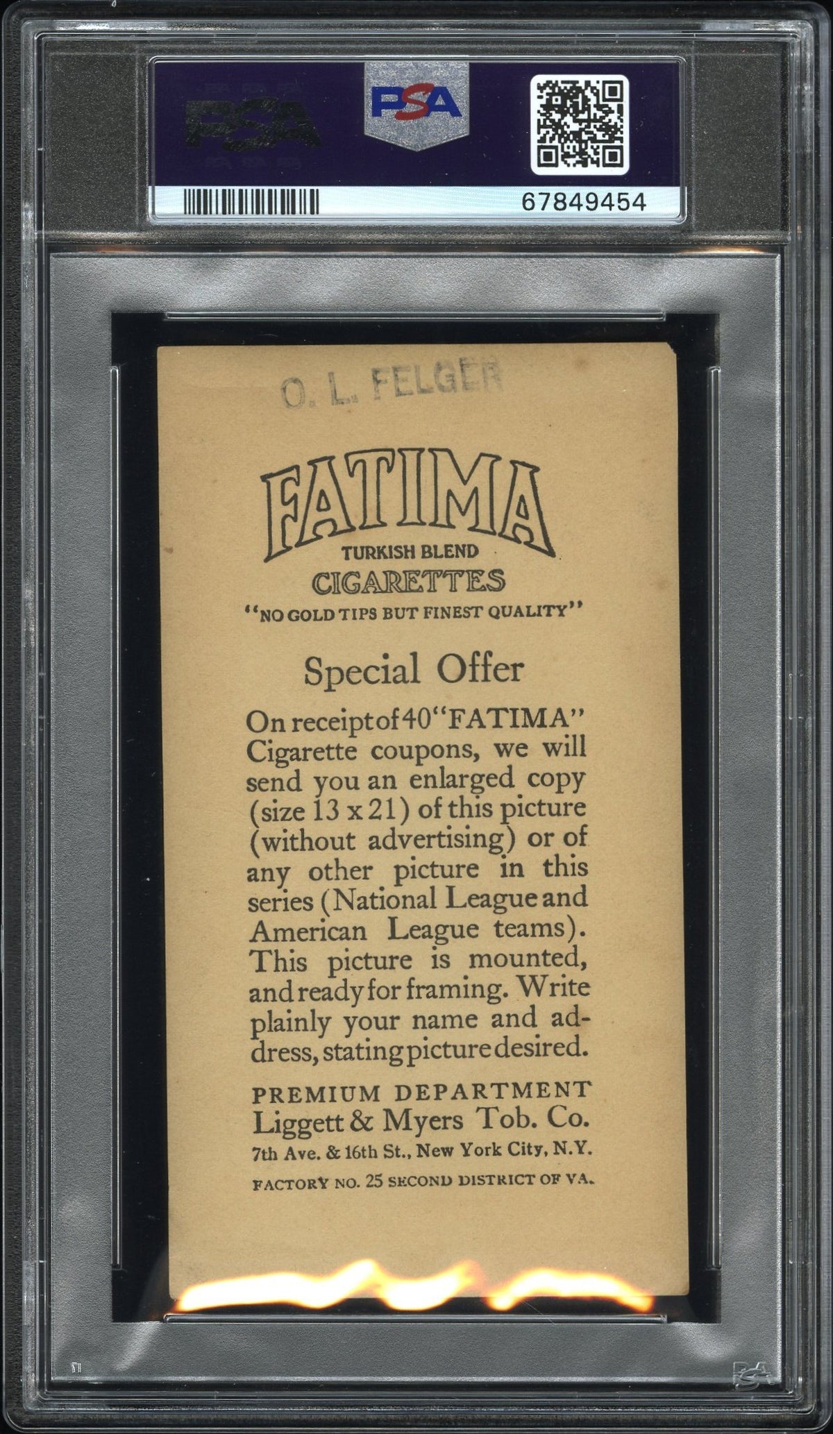 1913 T200 Fatima Team Philadelphia Americans PSA 3 mk Well Centered New Label