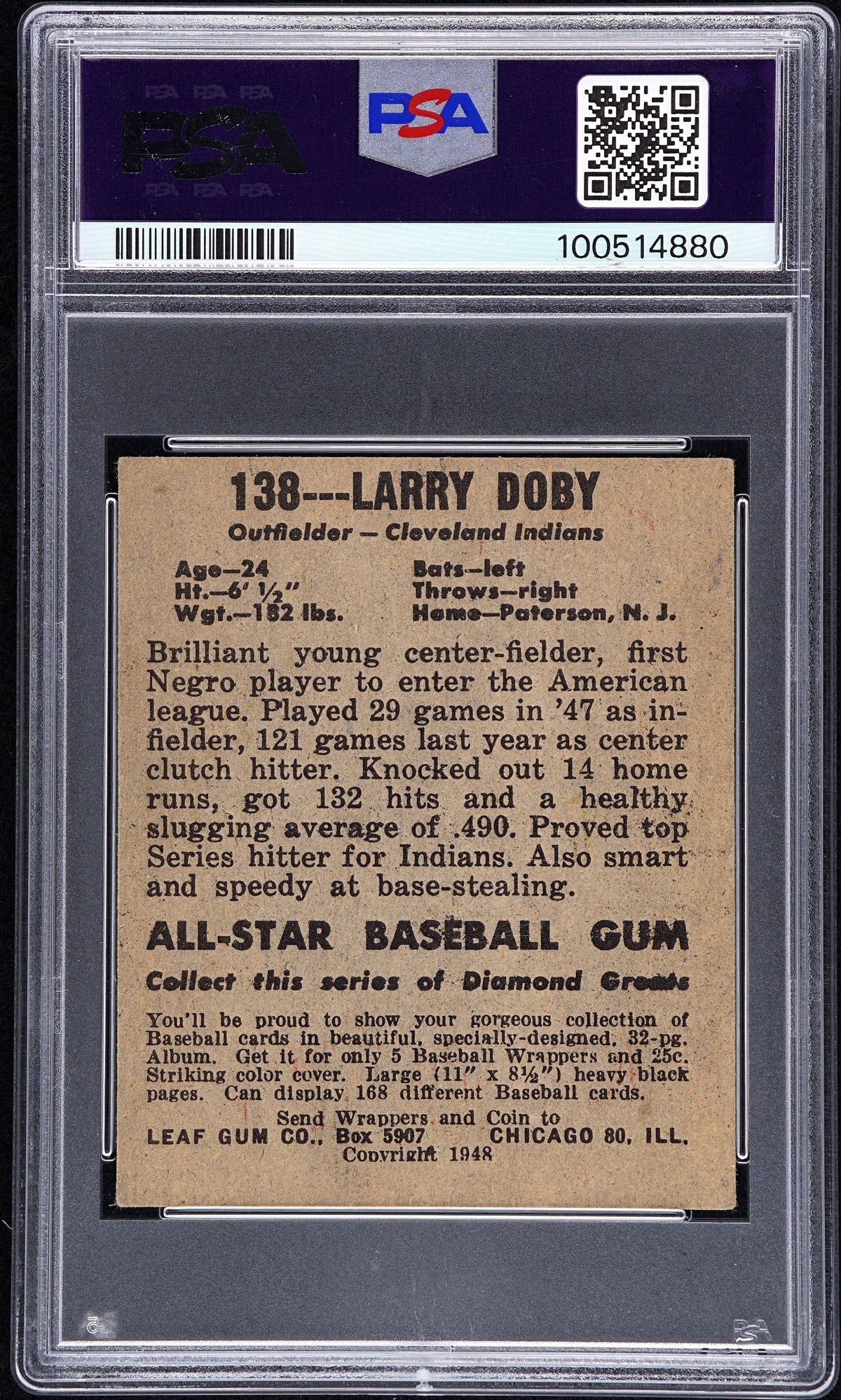 1948 Leaf #138 Larry Doby RC Rookie PSA 4 VG-EX SP New Label FAN-E TOP 15%