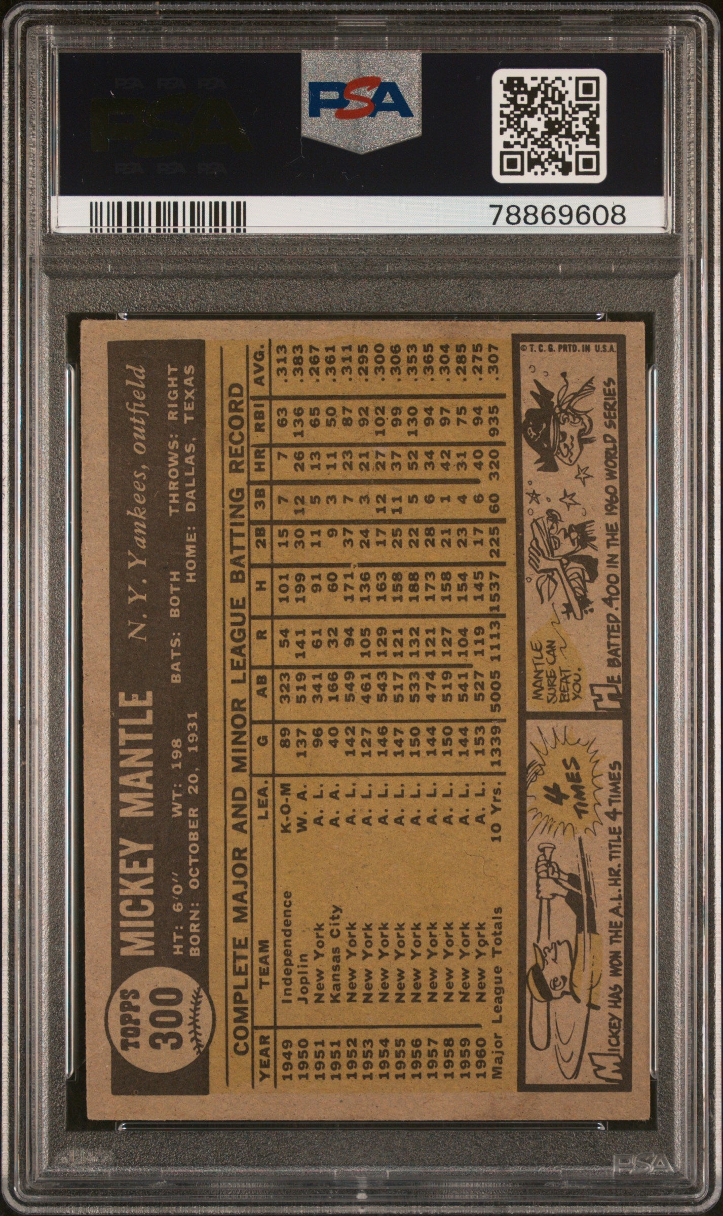 1961 Topps #300 Mickey Mantle PSA 7 NM Near Mint New Label