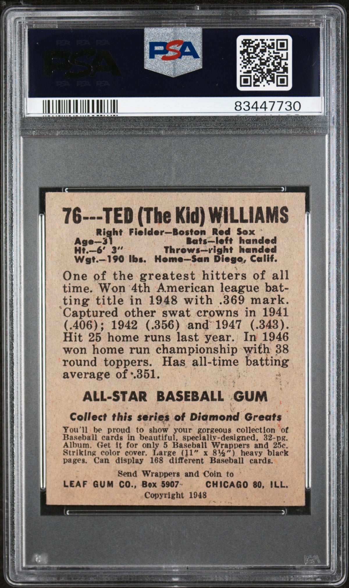 1948 Leaf #76 Ted Williams PSA 1 CREASE FREE + Nice Color