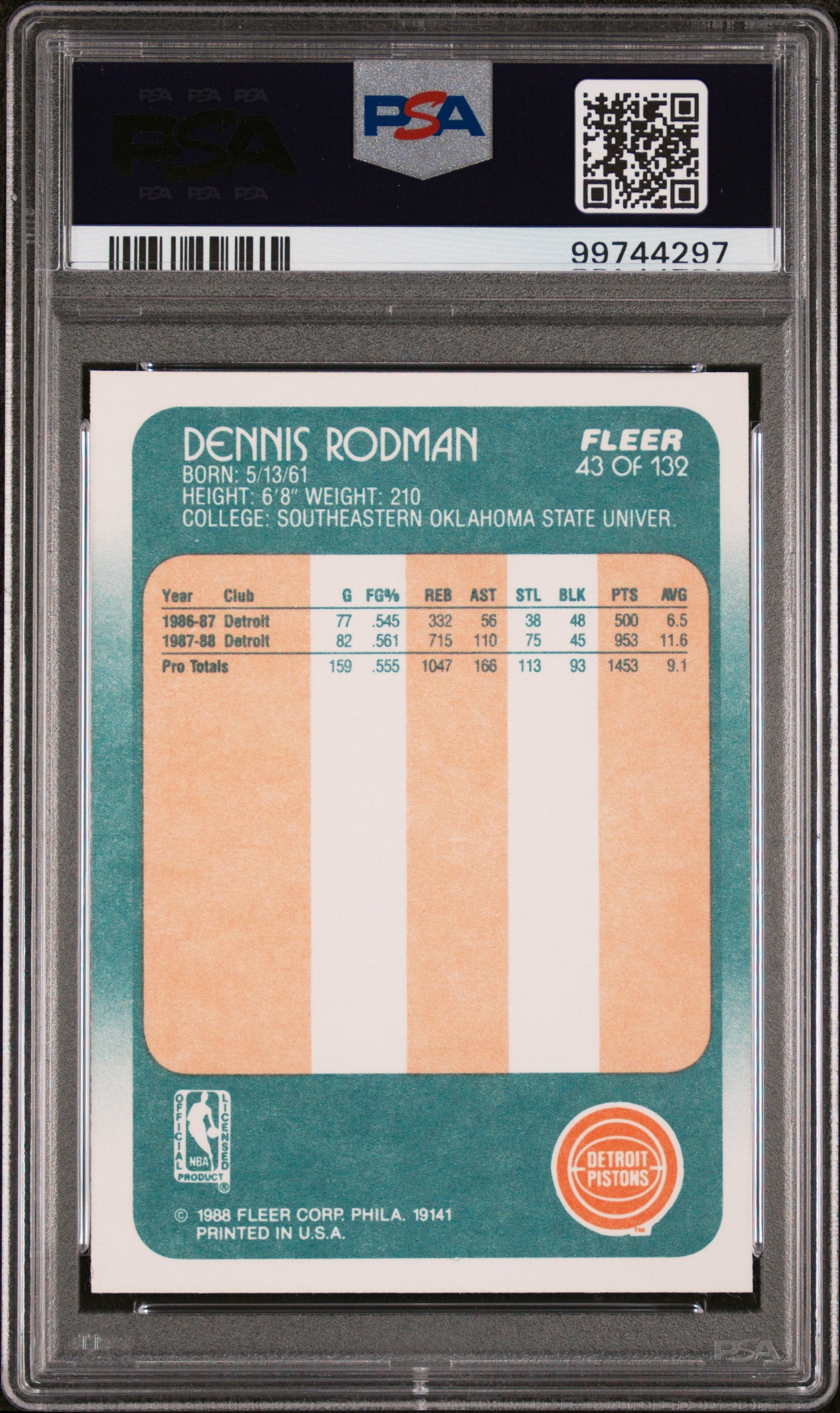1988 Fleer #43 Dennis Rodman RC Rookie PSA 10 GEM MINT New Label