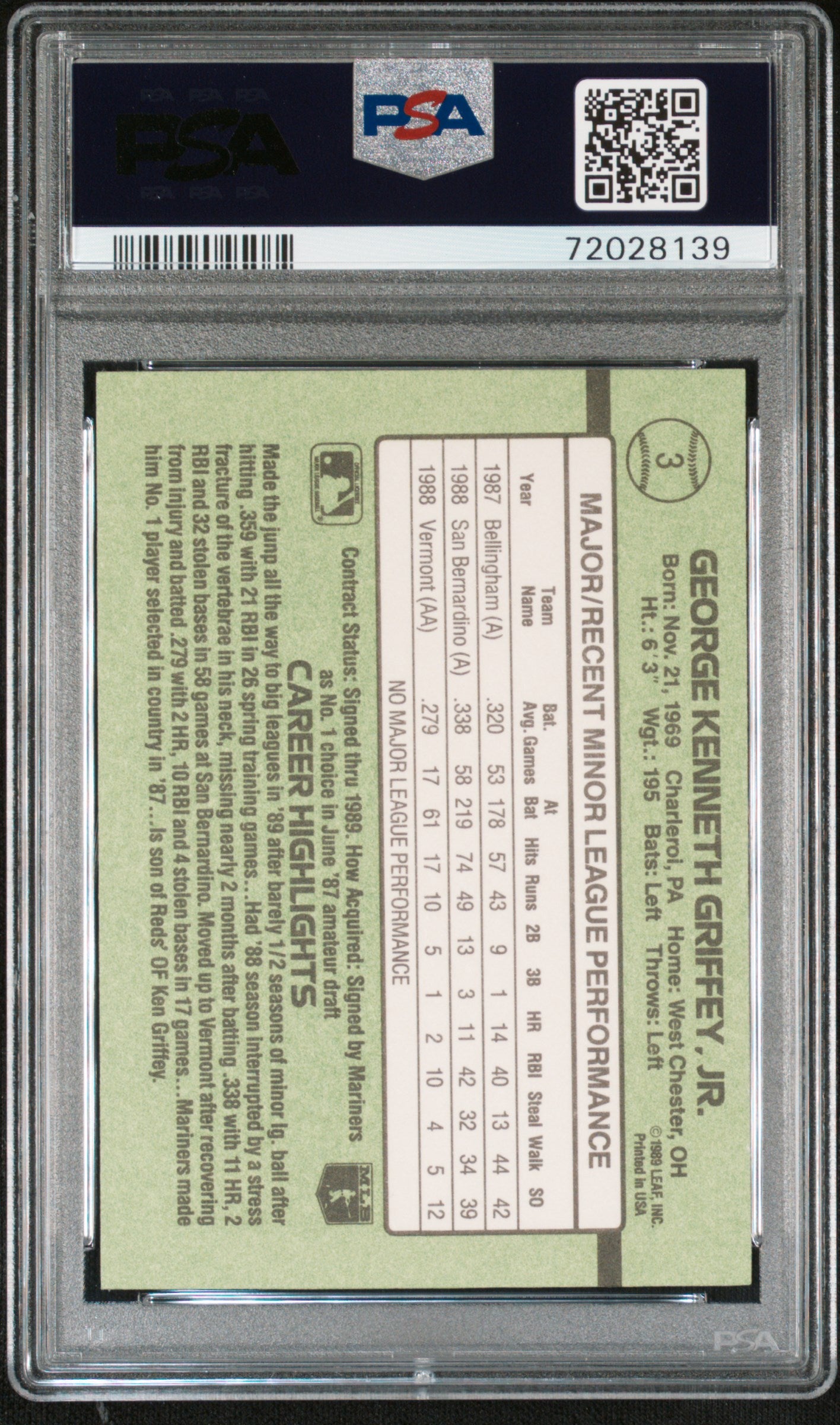 1989 Donruss Rookies #3 Ken Griffey Jr RC Rookie PSA 10 GEM MINT New Label
