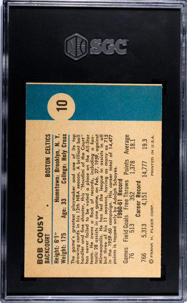 1961 Fleer #10 Bob Cousy SGC 8.5 NM-MT+ High Grade STUNNING