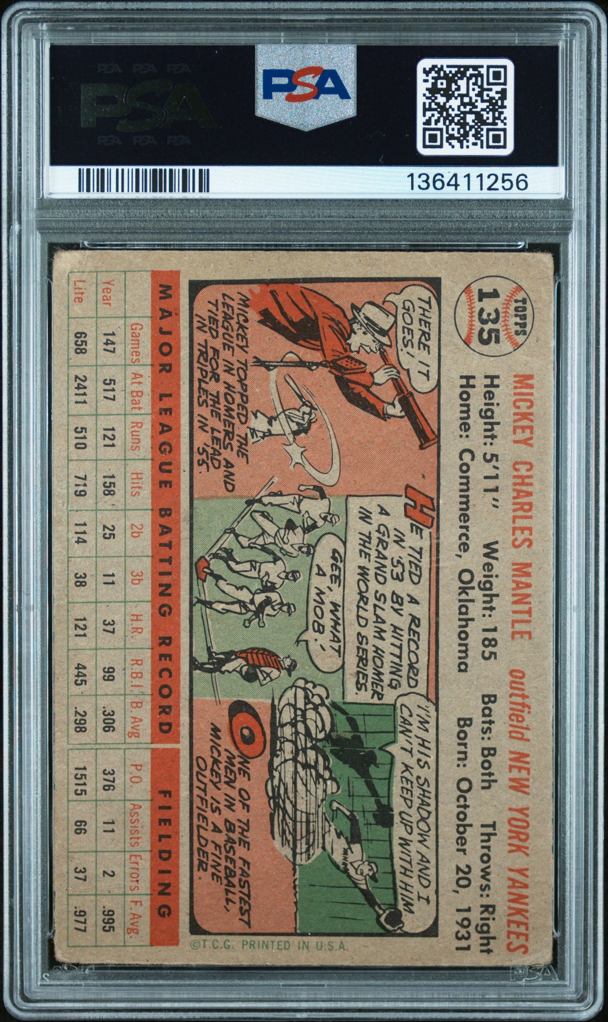 1956 Topps #135 Mickey Mantle Gray Back PSA 1.5 New Label