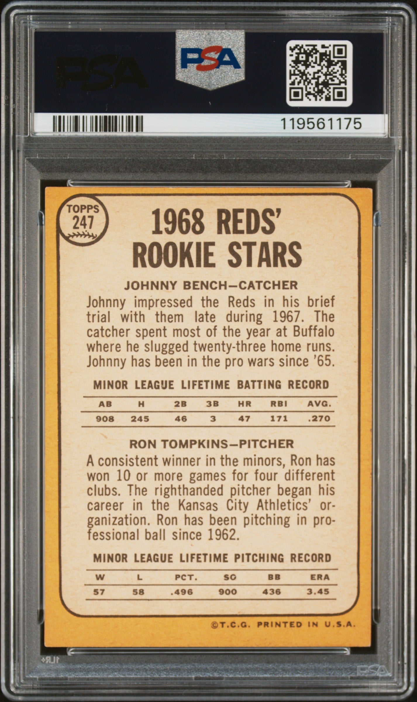 1968 Topps #247 Johnny Bench RC Rookie PSA 5 / 10 AUTO Autograph