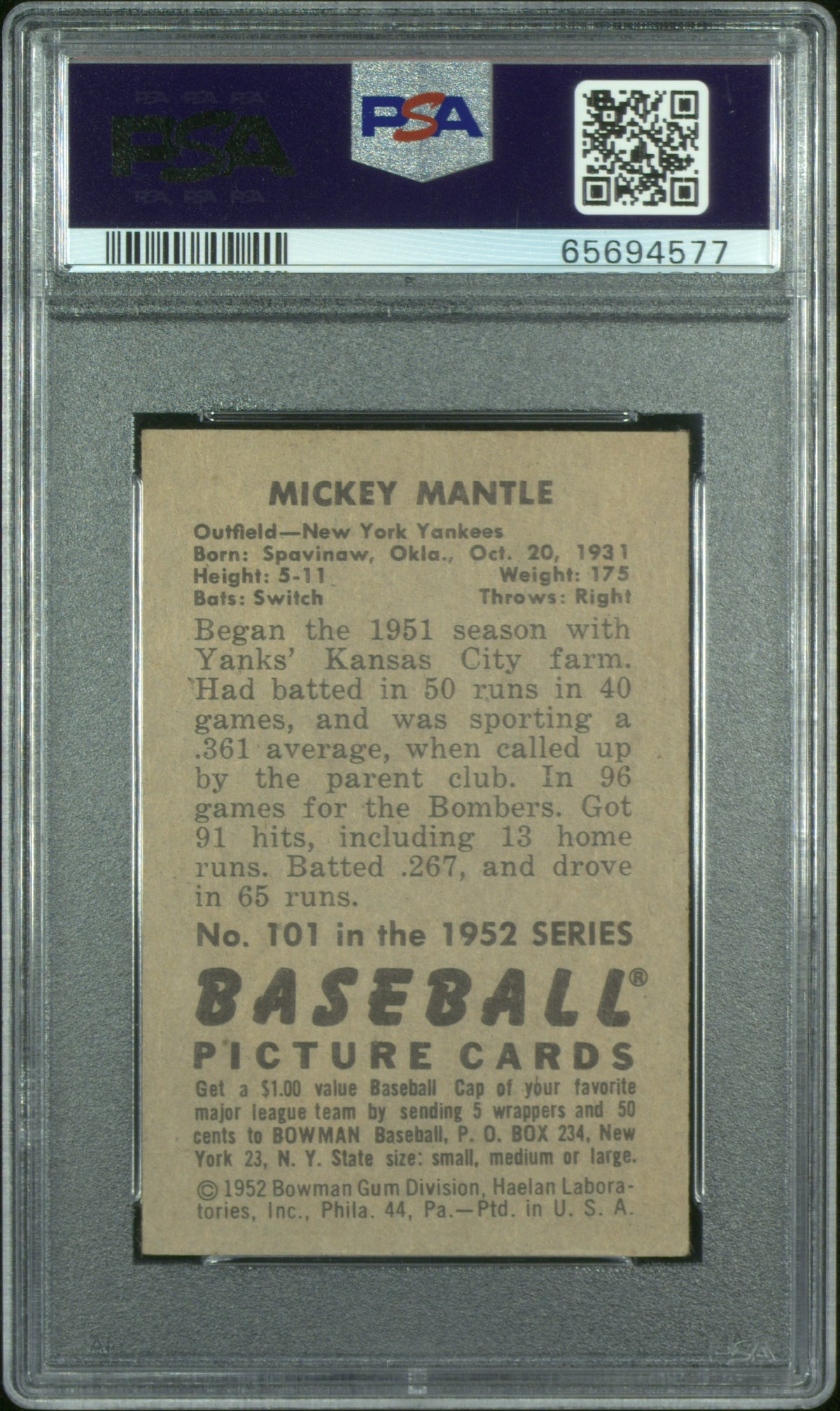 1952 Bowman #101 Mickey Mantle PSA Authentic Nice Eye Appeal