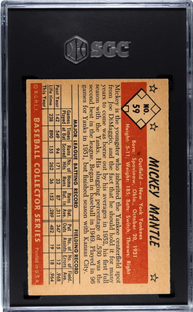 1953 Bowman Color #59 Mickey Mantle SGC 4 VG-EX Nice Eye Appeal