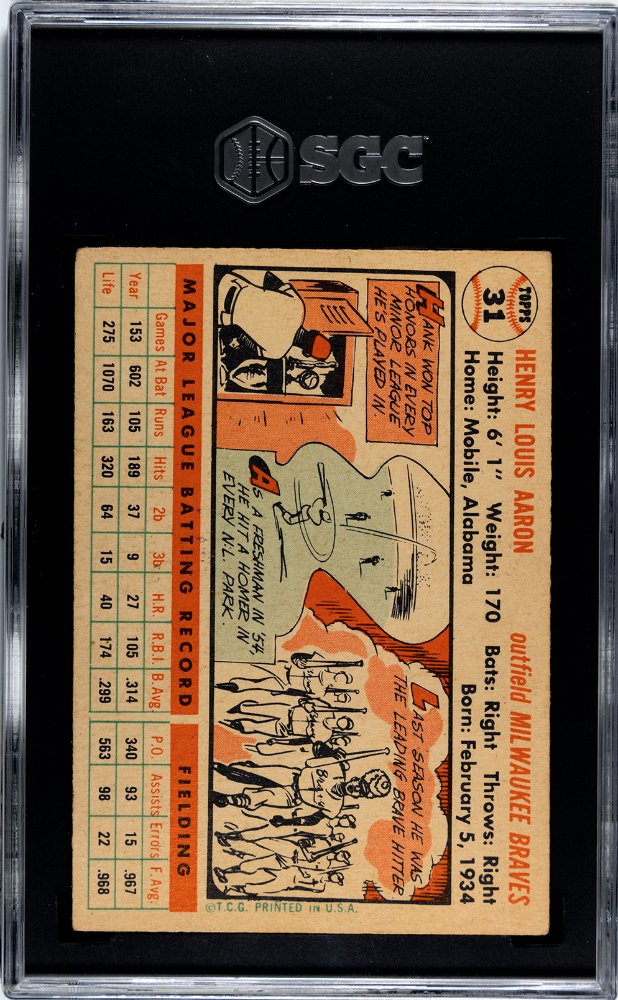 1956 Topps #31 Hank Aaron White Back SGC 3.5 VG+