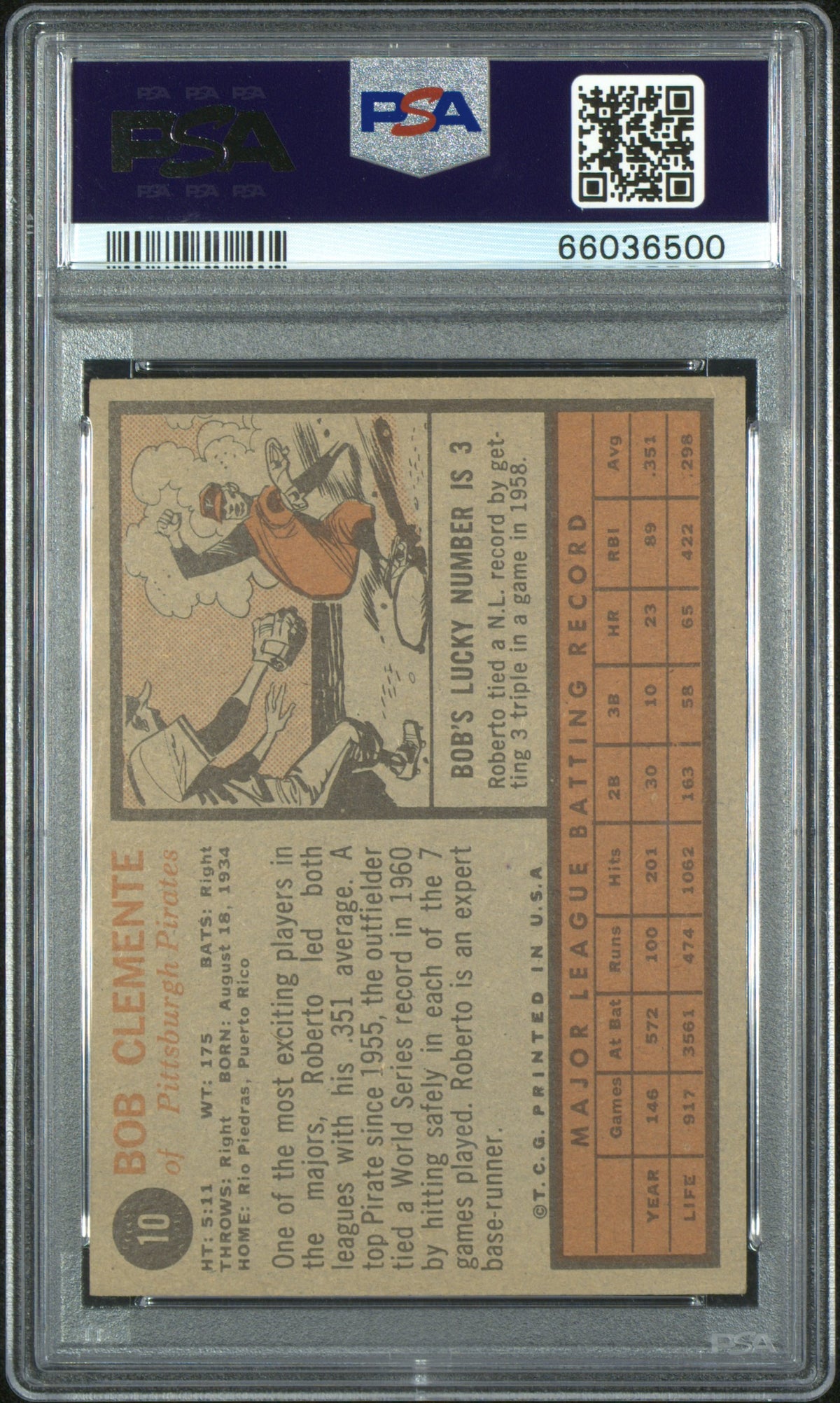 1962 Topps #10 Bob Roberto Clemente PSA 4.5 VG-EX+ New Label