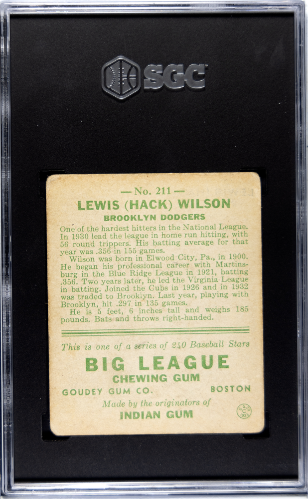 1933 Goudey #211 Hack Wilson SGC 2.5 GD+ CREASE FREE + CENTERED