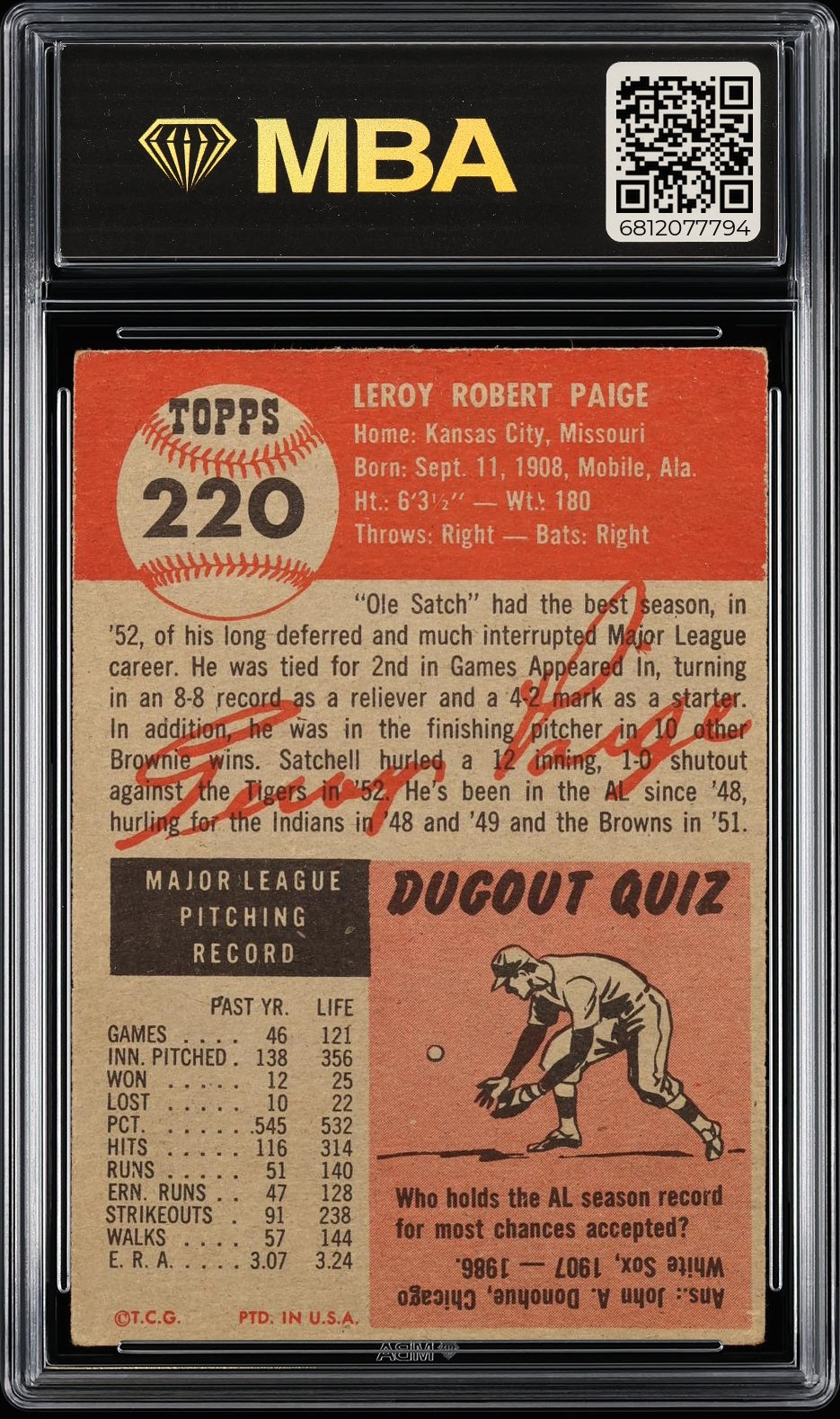 1953 Topps #220 Satchell Satchel Paige MBA 2.5 GD+