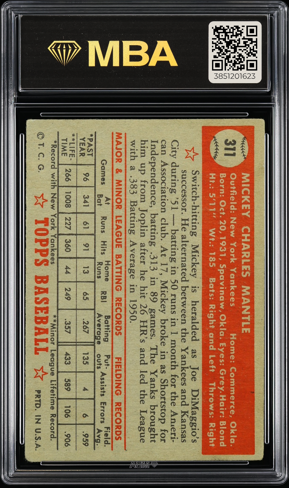 1952 Topps #311 Mickey Mantle MBA Authentic Altered CREASE FREE Nice Eye Appeal
