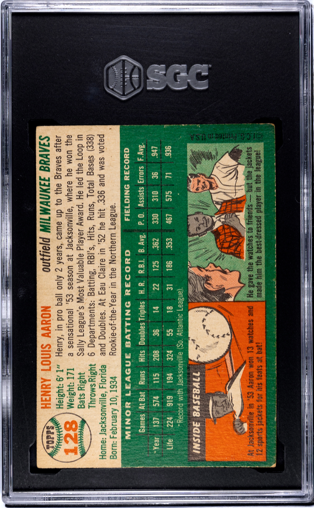 1954 Topps #128 Henry Hank Aaron RC Rookie SGC Authentic CREASE FREE Nice Color