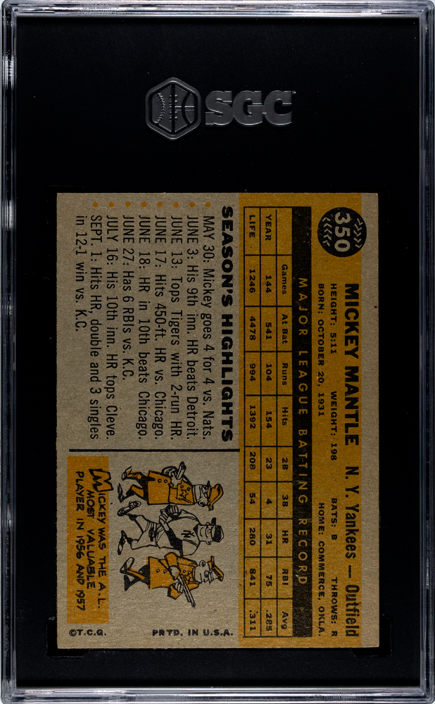 1960 Topps #350 Mickey Mantle SGC 4 VG-EX Nice Color
