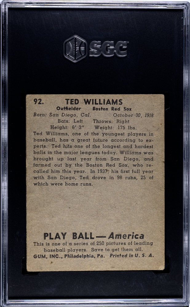1939 Playball #92 Ted Williams RC Rookie SGC 2.5 GD+ Crisp Image