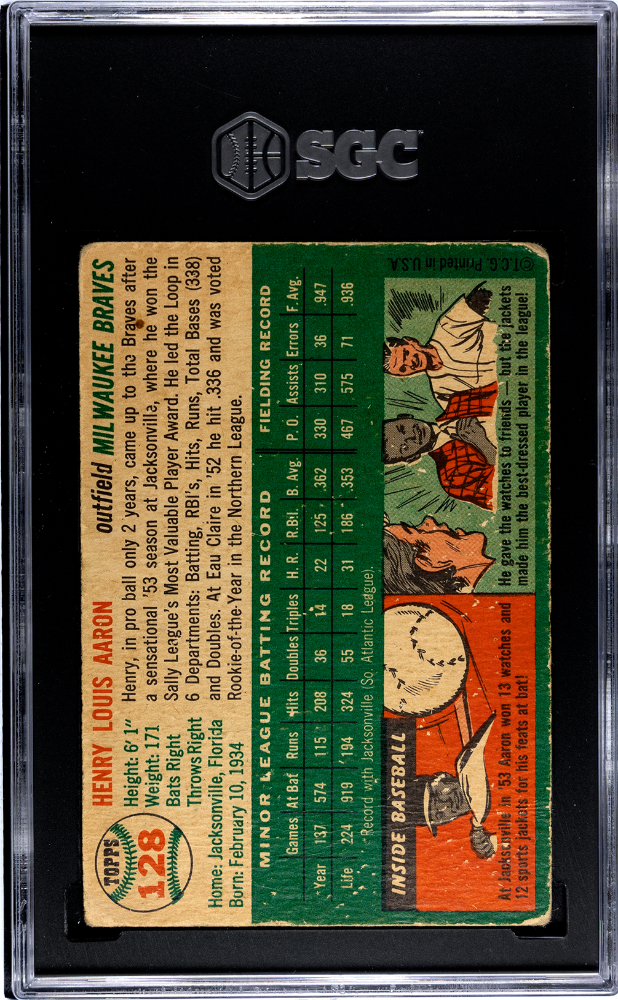 1954 Topps #128 Henry Hank Aaron RC Rookie SGC 2.5 GD+ STUNNING Color