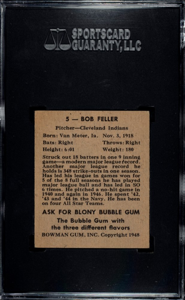 1948 Bowman #5 Bob Feller SGC 4 VG-EX Well Centered