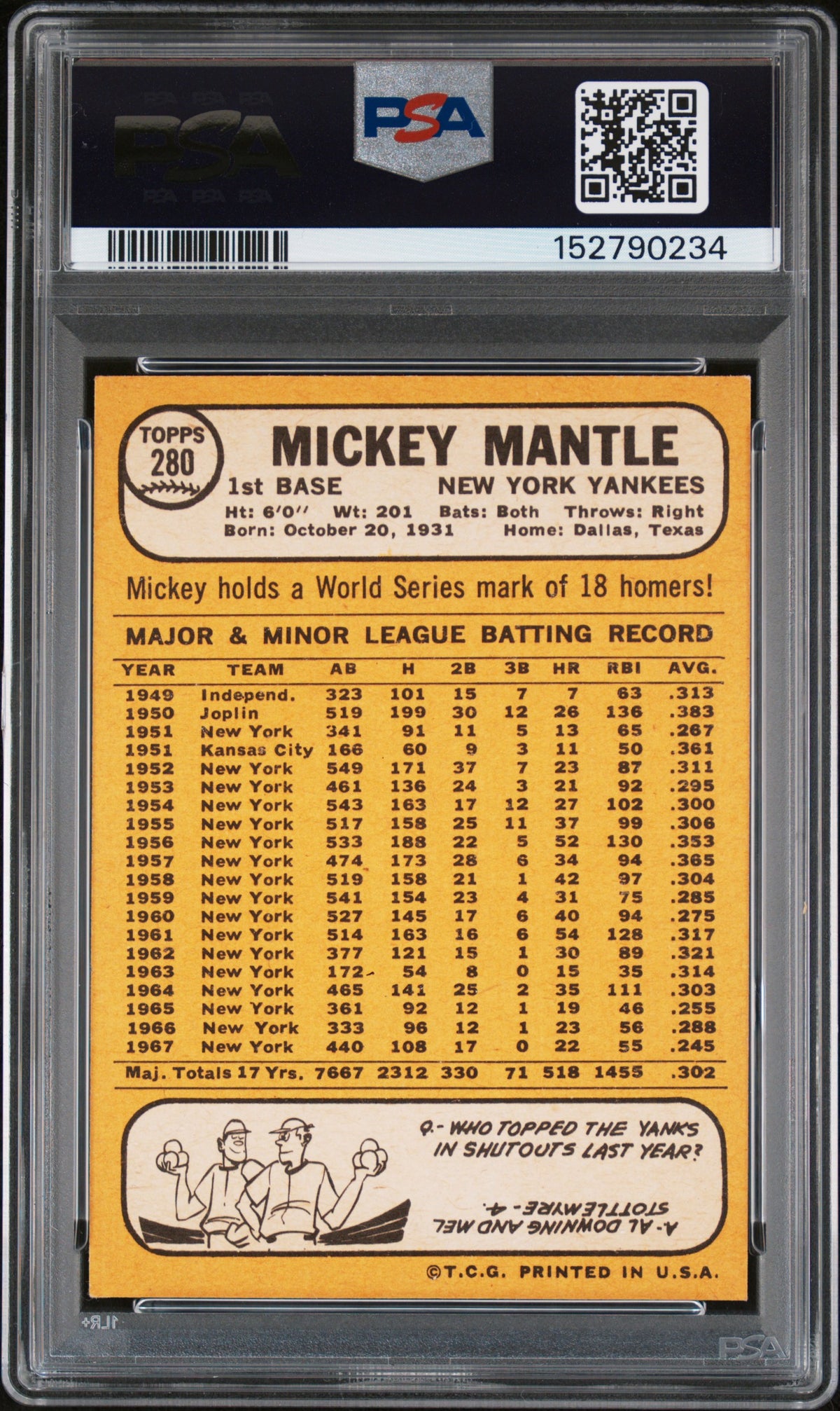 1968 Topps #280 Mickey Mantle PSA 6 EX-MT Well Centered New Label