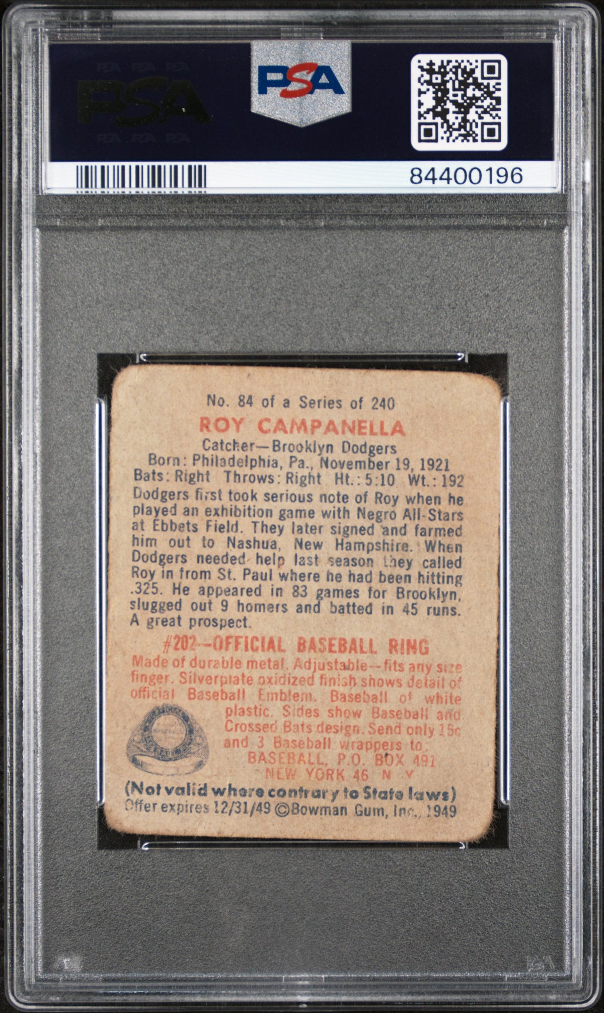 1949 Bowman #84 Roy Campanella RC Rookie PSA 1 New Label