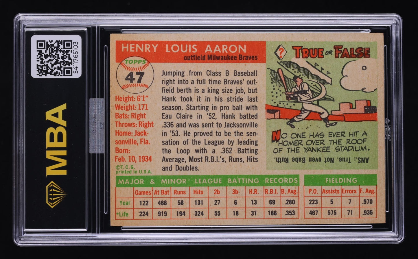1955 Topps Hank Aaron #47 MBA 5 EX SILVER DIAMOND TOP 15% EYE APPEAL