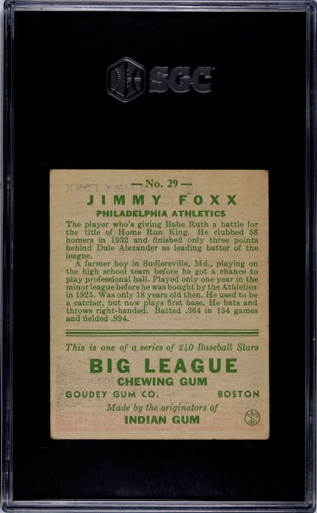 1933 Goudey #29 Jimmy Jimmie Foxx SGC 3 VG CREASE FREE Nice Eye Appeal