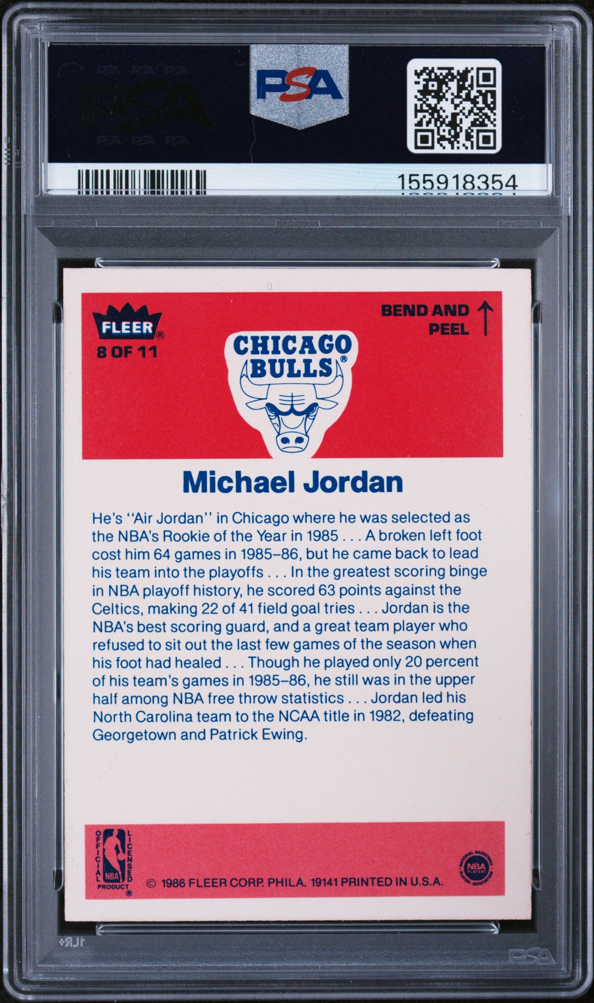 1986 Fleer Sticker #8 Michael Jordan RC Rookie PSA 7 NM Near Mint New Label