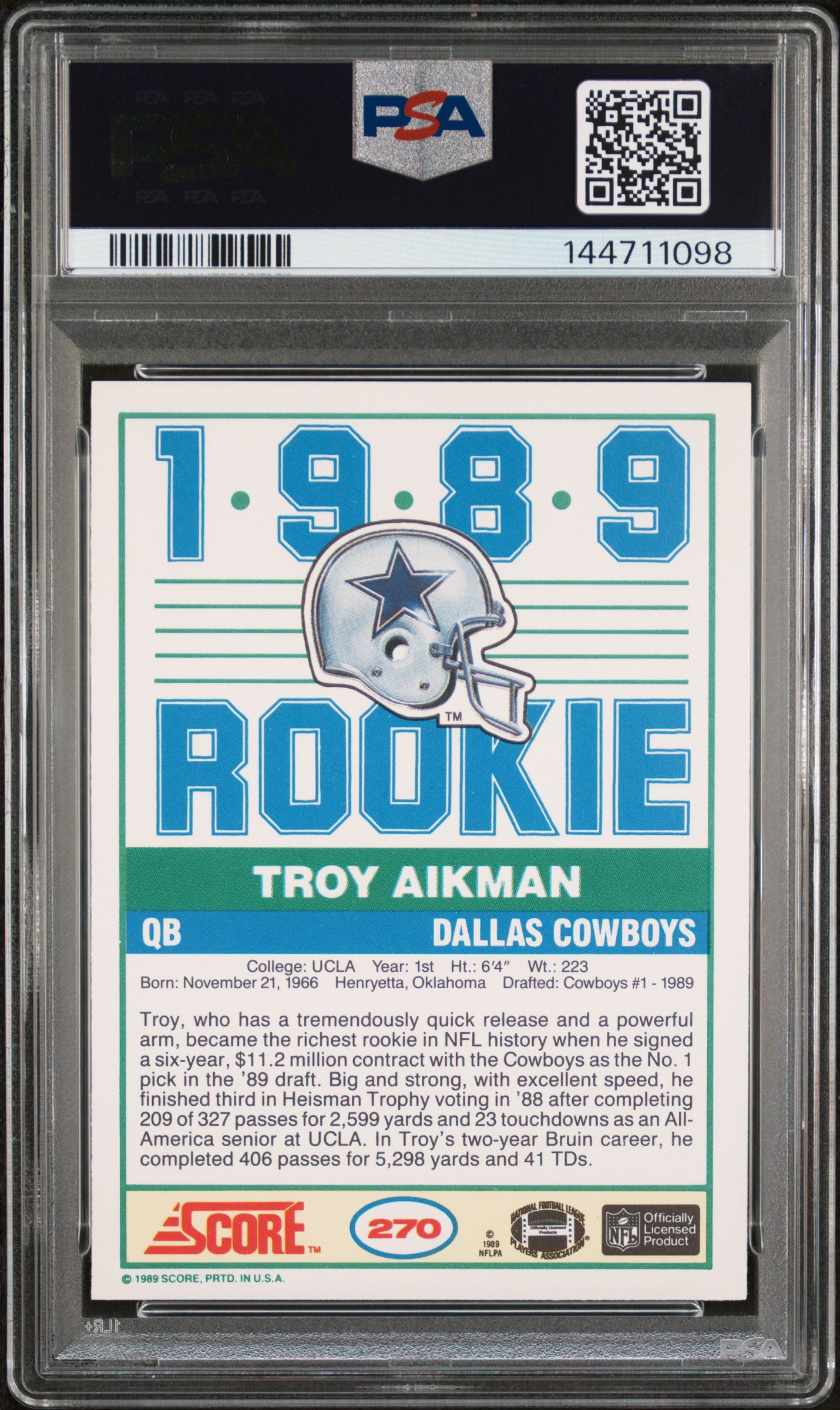 1989 Score #270 Troy Aikman RC Rookie PSA 10 GEM MINT