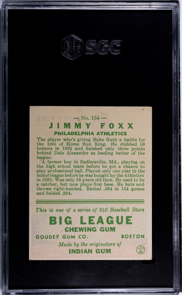 1933 Goudey #154 Jimmy Jimmie Foxx SGC 5.5 EX+ Sharp + Nice Color