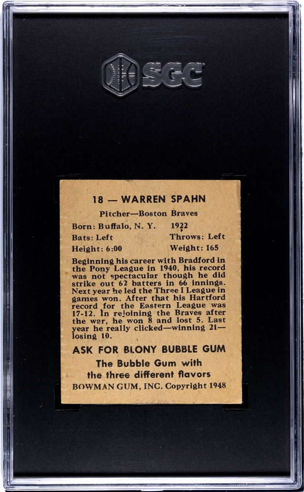 1948 Bowman #18 Warren Spahn RC Rookie SGC 5 EX Well Centered