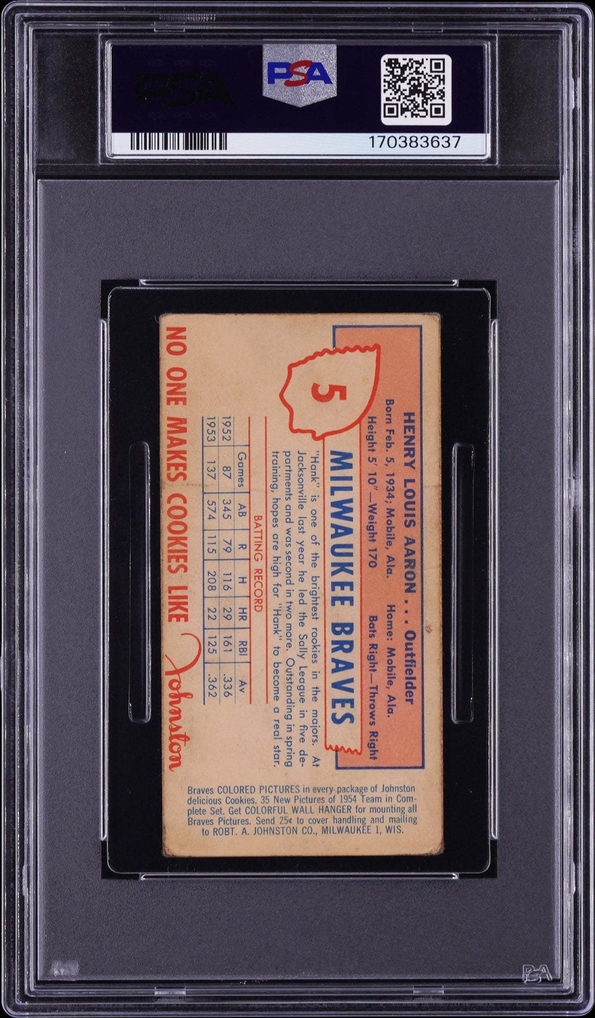 1954 Johnston Cookies Braves #5 Henry Hank Aaron RC Rookie PSA 1